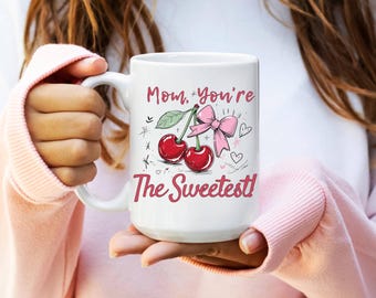 Tazza con fiocco di ciliegia, graziosa tazza da caffè rossa, regalo per la festa della mamma, mamma, 325 ml, 440 ml, ceramica, tazza con ciliegia per lei, regalo per donne, tazza con fiocco rosa