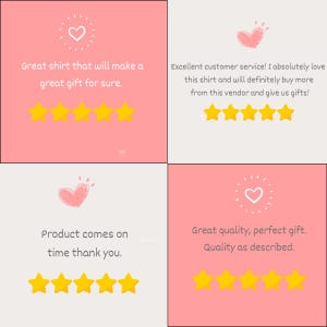 May include: A collage of four panels with customer reviews. Each panel features a pink or white background, a heart illustration, text, and five yellow stars. The reviews praise the product's quality and service.