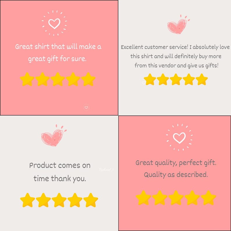 May include: A collage of four panels with customer reviews. Each panel features a pink or white background, a heart illustration, text, and five yellow stars. The reviews praise the product's quality and service.
