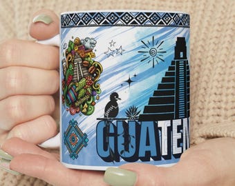 Guatemala Mug with Mayan Pyramid Design, Guatemalan Flag Colors Coffee Cup, Central America Souvenir