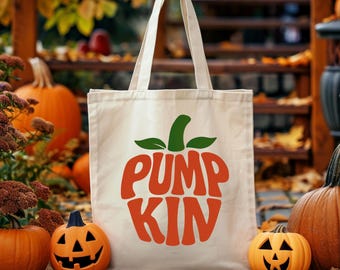 Pumpkin Tote Bag, Fall Aesthetic Canvas Bag,  Reusable Market Bag for Autumn, Halloween & Thanksgiving, Cute Pumpkin Shaped Text Gift