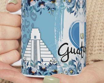 Guatemala Heart Mug with Floral Design | Guatemalan Flag Colors Coffee Cup | Cultural Pride Gift