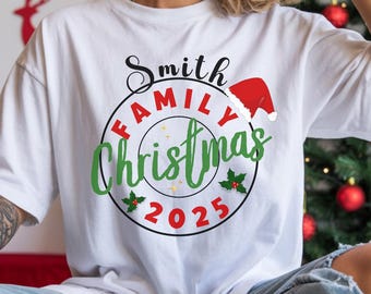 Personalized Christmas 2025 T-shirts, Holiday Santa Hat Matching Shirt, Unisex Cotton T-Shirt, Pajama Shirt, Custom Tee