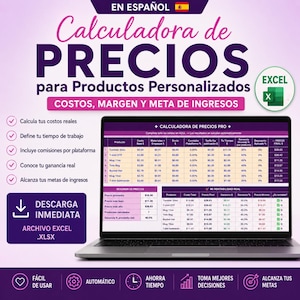 May include: A digital pricing calculator for personalized products displayed on a laptop screen. The interface features an Excel spreadsheet with columns for costs, margins, and income goals. The design uses purple and white text with an Excel icon.