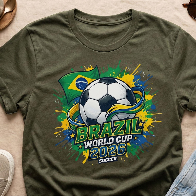K&ouml;nnte beinhalten: Olivgr&uuml;nes T-Shirt mit einem Fu&szlig;ball, der brasilianischen Flagge und dem Text "BRAZIL WORLD CUP 2026 SOCCER". Das Design beinhaltet Farbspritzer in Gelb, Gr&uuml;n und Blau.