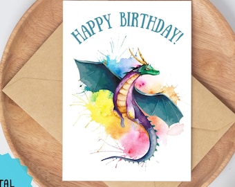 Printable Dragon Birthday Card, Kids Colorful Party (Digital PDF File)