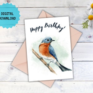 Cartão de aniversário em aquarela de lindo pássaro azul, download instantâneo para celebrações de última hora, cartão de felicitações em PDF para impressão digital