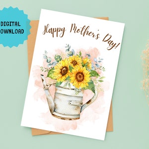 Muttertagskarte mit Sonnenblume, bedruckbar, Sofort PDF Download, Aquarell Blumen Grußkarte für Mama, schöne Muttertagswünsche mit Innenseite