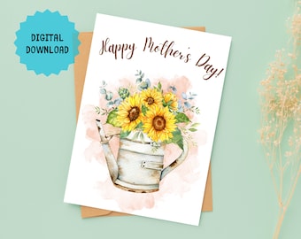 Sunflower Mother's Day Card, Printable Instant PDF download, Watercolor Flower Greeting Card for Mom, Happy Mother's Day Wishes with inside