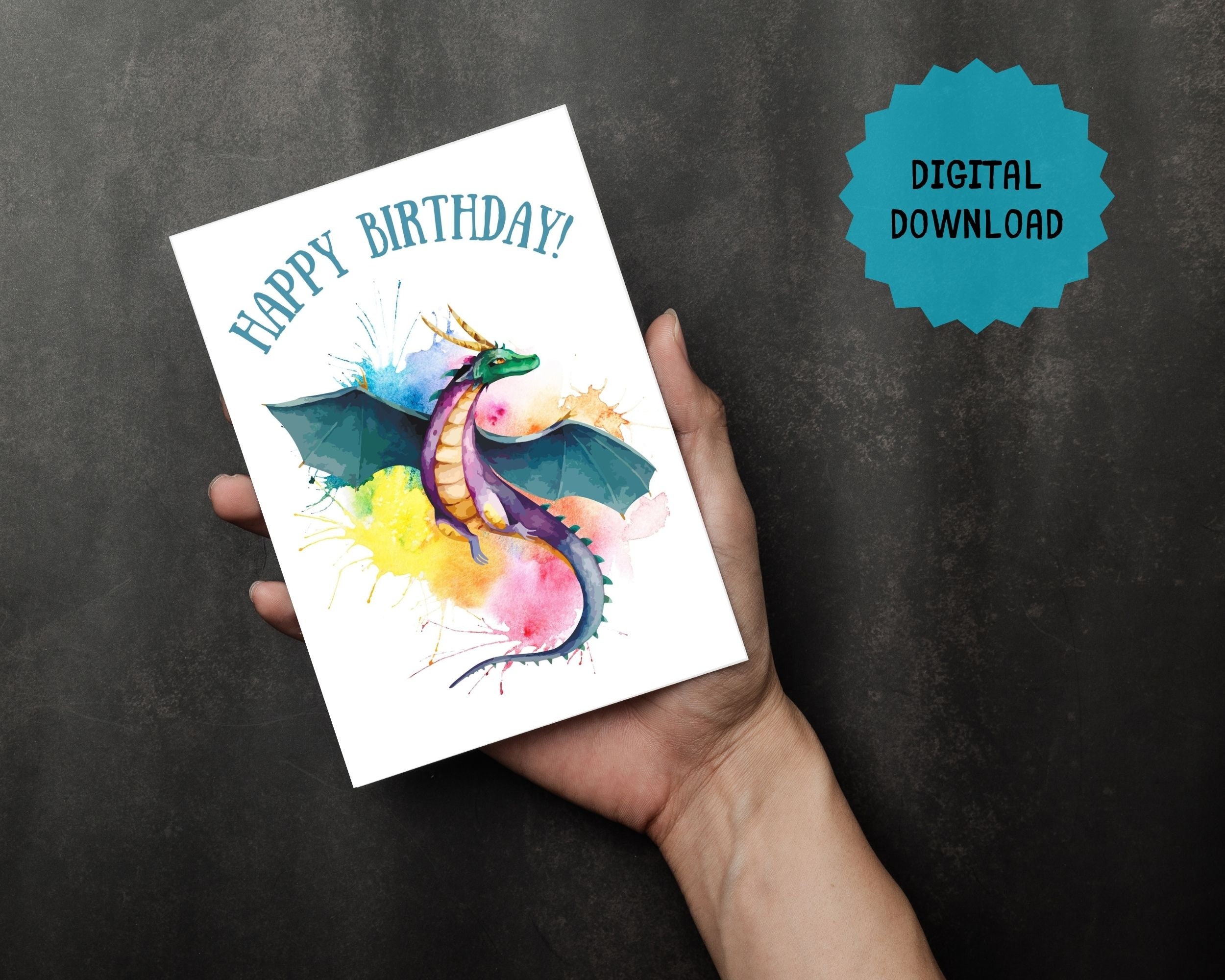 Printable Dragon Colorful Birthday Card Digital PDF File for Instant ...