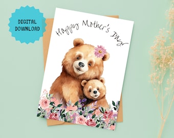 Jolie carte de maman ours pour la fête des mères, carte florale pour maman, carte de voeux numérique imprimable, carte ours douce fleur