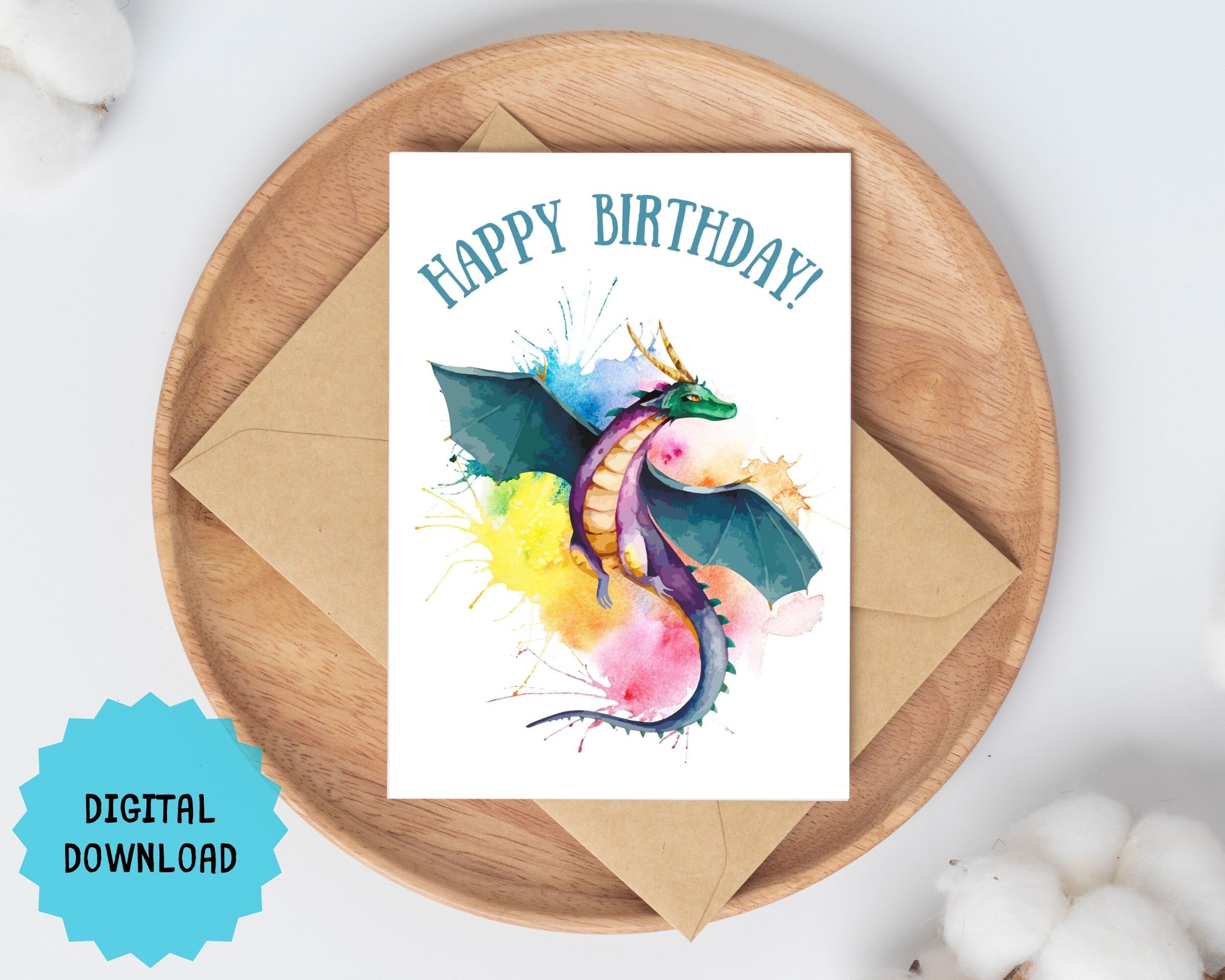Printable Dragon Colorful Birthday Card Digital PDF File for Instant ...
