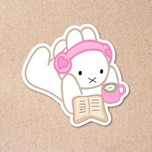 Reading Matcha Miffy Vinyl Sticker – Handdrawn Laminated Cute Cozy Bunny Decal, Kawaii Aesthetic Sticker for Laptop, Journal, Water Bottle