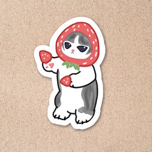 Mofusand kat vinyl sticker – handgetekende Mofusand aardbei kat geïnspireerde kawaii sticker, schattige kat sticker voor laptop, tijdschrift, waterfles