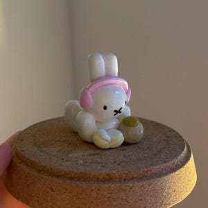 Handmade Miffy Figurine – Kawaii Polymer Clay Bunny with Headphones, Matcha & Book | Cute Desk Buddy + Bookshelf Decor