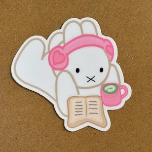 Reading Matcha Miffy Vinyl Sticker – Handdrawn Laminated Cute Cozy Bunny Decal, Kawaii Aesthetic Sticker for Laptop, Journal, Water Bottle
