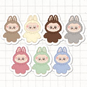Sticker vinyle Labubu Exciting Macaron - Sticker mignon Pop Mart les monstres dessiné à la main, plastifié pour ordinateur portable, téléphone, Kindle, journaux intimes, bouteille