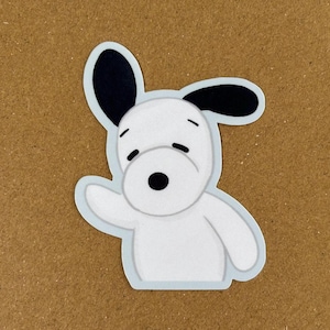 Waving Snoopy Vinyl Sticker – Handdrawn Laminated Peanuts Character Decal, Cute Aesthetic Sticker for Journal, Laptop, Water Bottle