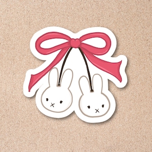 Cherry Miffy Vinyl Sticker – Cute Handmade Kawaii Bunny | Coquette Waterproof Decal for Journals, Laptop, Water Bottle, Scrapbooking, Phone