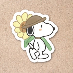 Sonnenblume Snoopy Vinyl Aufkleber - Handgezeichneter laminierter Erdnuss Charakter Aufkleber, niedlicher ästhetischer Aufkleber für Journal, Laptop, Wasserflasche
