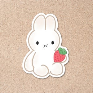 Strawberry Miffy Vinyl Sticker – Handdrawn Laminated Bunny Decal, Kawaii Cute Miffy Sticker for Laptop, Journal, Phone, Kindle