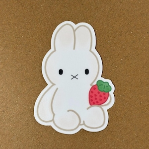 Strawberry Miffy Vinyl Sticker – Handdrawn Laminated Bunny Decal, Kawaii Cute Miffy Sticker for Laptop, Journal, Phone, Kindle