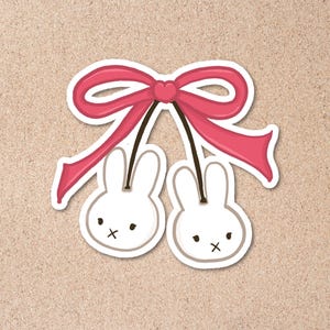 Cherry Miffy Vinyl Aufkleber – Süßes handgemachtes Kawaii Häschen | Coquette Wasserdichter Aufkleber für Journals, Laptop, Wasserflasche, Scrapbooking, Telefon