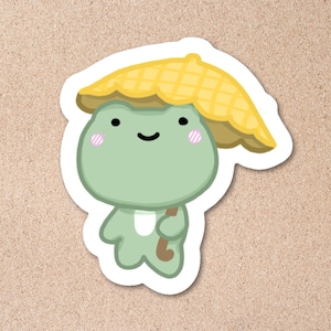 Cottagecore Frog Vinyl Sticker – Cozy Handmade Kawaii Frog with Umbrella | Cute Waterproof Decal for Journals, Laptop, Water Bottle