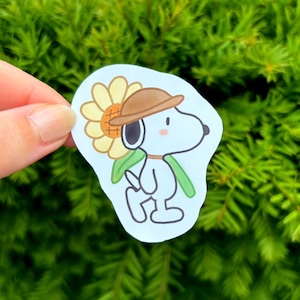 Sunflower Snoopy Vinyl Sticker – Handdrawn Laminated Peanuts Character Decal, Cute Aesthetic Sticker for Journal, Laptop, Water Bottle