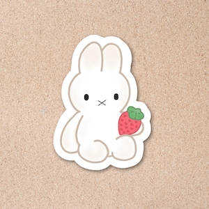 Strawberry Miffy Vinyl Sticker – Handdrawn Laminated Bunny Decal, Kawaii Cute Miffy Sticker for Laptop, Journal, Phone, Kindle