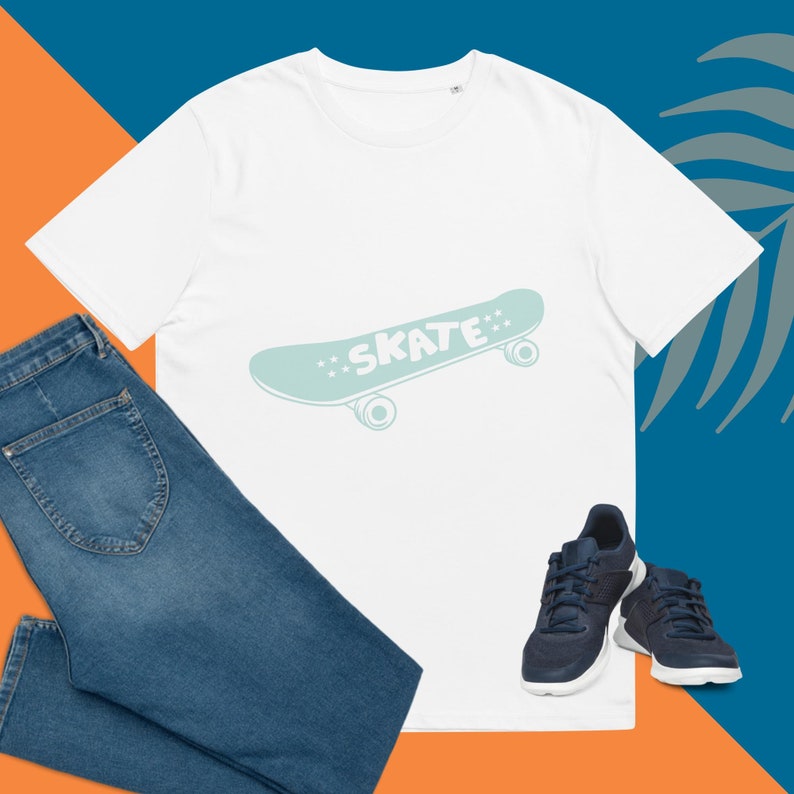 Skate Unisex Organic Cotton Tshirt, Skater Style Tee, Skateboard Motif Shirt, Printed Skate Tee