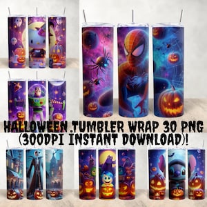 Halloween Cartoon Characters Bundle Tumbler Wrap, 20oz Straight Tumbler, Spiderman Tumbler Wrap, Spooky Season, Stitch Halloween Tumbler