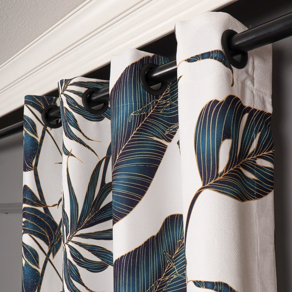 Blue Leaf Drapery Curtain, 5 Color Options Long Living Room Curtains, Luxury Art Deco Curtains, Grommet Curtain, Rod Pocket Curtains,