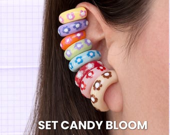 Set 2 Ear Cuff Candy Bloom handmade – Ear cuff floreale colorato in argilla polimerica, resina lucida, cute pop jewelry, no piercing