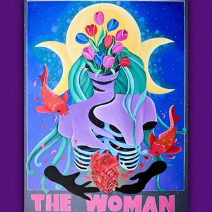 The Woman – Dipinto Surreale su Tela | Arte Femminile Empowerment con Tulipani, Cuore e Carpe