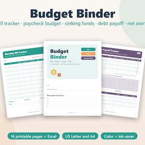 Könnte beinhalten: Ein digitales Budget-Planer-Set mit Deckblatt, monatlichem Rechnungs-Tracker und Schulden-Tilgungs-Tracker. Die Seiten enthalten Textbeschriftungen wie Budget Binder, Bill tracker und Payoff Tracker sowie Bereiche für Finanzziele.