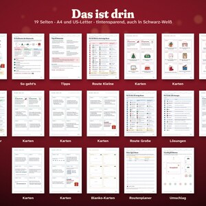 May include: A 19-page printable Christmas scavenger hunt set in A4 and US-Letter sizes. The collection includes instruction sheets, game cards with illustrations, route planners, and solution guides, all featuring text in German with red and black accents.