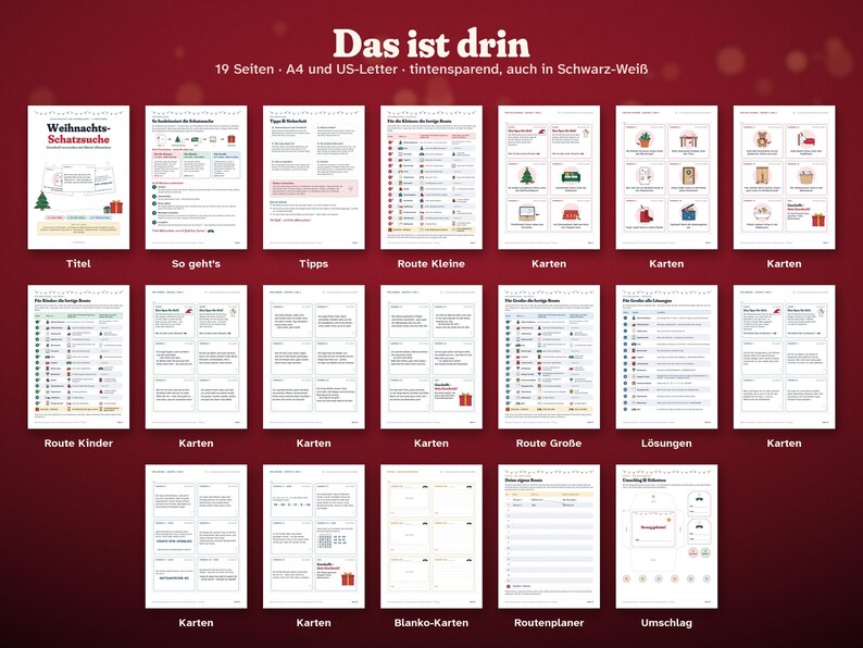 May include: A 19-page printable Christmas scavenger hunt set in A4 and US-Letter sizes. The collection includes instruction sheets, game cards with illustrations, route planners, and solution guides, all featuring text in German with red and black accents.