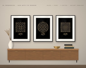 Solfeggio frequentie muurdecoratie set van 10 met betekenissen, 432 Hz ontspanning, 528 Hz liefde, Chladni Cymatics posters, goud, zwart, ivoor printbaar