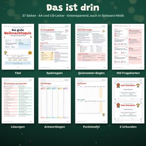 May include: A digital printable Christmas quiz set featuring 37 pages in A4 and US-Letter formats. The set includes a title page, game rules, a quizmaster sheet, 100 question cards, answer keys, answer sheets, scoreboards, and two certificates.