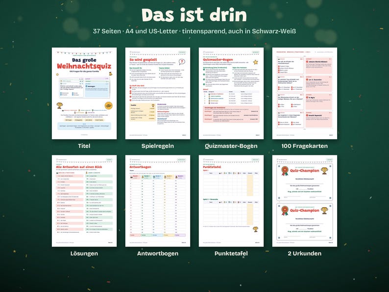 May include: A digital printable Christmas quiz set featuring 37 pages in A4 and US-Letter formats. The set includes a title page, game rules, a quizmaster sheet, 100 question cards, answer keys, answer sheets, scoreboards, and two certificates.