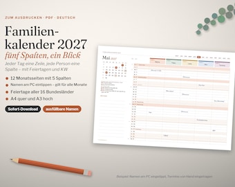 Printable Family Calendar 2027 | Family Planner A4 landscape & A3 with 5 columns, fillable names | Holidays, calendar weeks | PDF