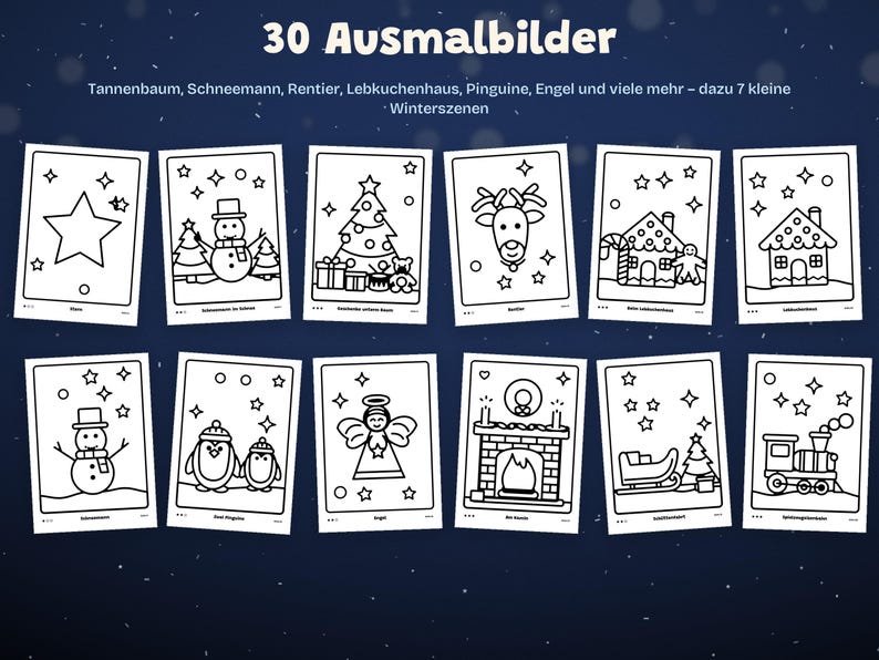 May include: A collection of 30 coloring pages featuring winter and holiday themes. The black and white illustrations include a star, snowman, Christmas tree, reindeer, gingerbread house, penguins, angel, fireplace, sleigh, and a toy train.