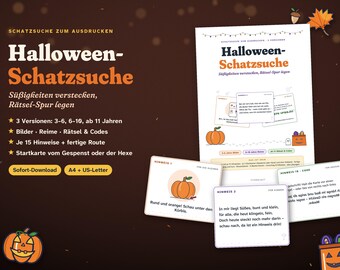Halloween Schatzsuche zum Ausdrucken | Süßigkeiten verstecken mit Rätsel-Hinweisen | Schnitzeljagd für Kinder 3–12 & Teens | PDF
