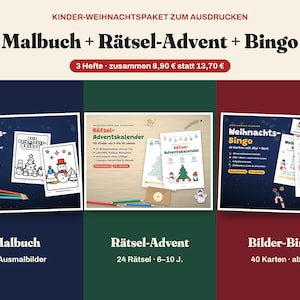 Weihnachts Paket für Kinder zum Ausdrucken | Malbuch, Rätsel-Adventskalender und Bingo | 3–10 Jahre, Kita & Schule | PDF deutsch image 1