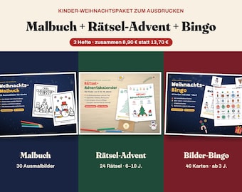 Weihnachts Paket für Kinder zum Ausdrucken | Malbuch, Rätsel-Adventskalender und Bingo | 3–10 Jahre, Kita & Schule | PDF deutsch