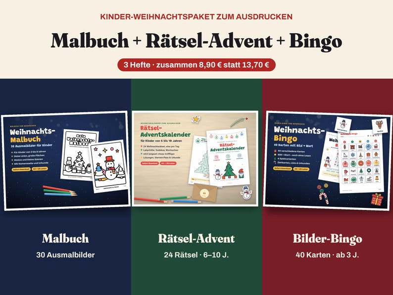 Weihnachts Paket für Kinder zum Ausdrucken | Malbuch, Rätsel-Adventskalender und Bingo | 3–10 Jahre, Kita & Schule | PDF deutsch image 1