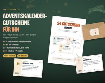 Printable Advent Calendar Vouchers for Him | 24 Vouchers for Husband & Boyfriend | Gift for Men | Blank Template | PDF
