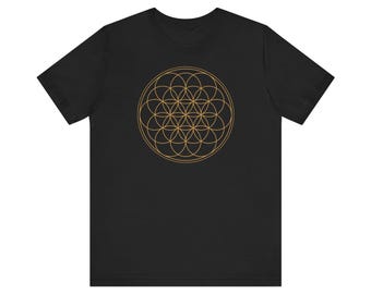 Blume des Lebens T-Shirt, Heilige Geometrie Shirt Gold auf Schwarz, Flower of Life Unisex, Yoga Meditation Shirt, Spirituelles Geschenk