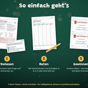 May include: A quiz game set featuring a rule sheet, an answer sheet, a question card, a yellow pencil, and two award certificates. The text includes 'So einfach geht's', 'Quizmaster-Bogen', 'Antwortbogen', and 'Quiz-Champion'.